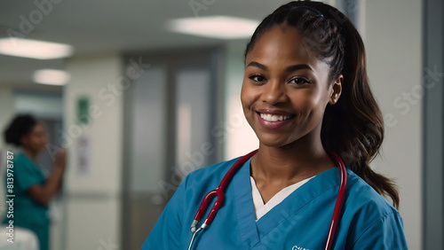 Black Woman or female nurse headshot photograph in a hospital, healthcare worker, woman nurse smiling, registered nurse	