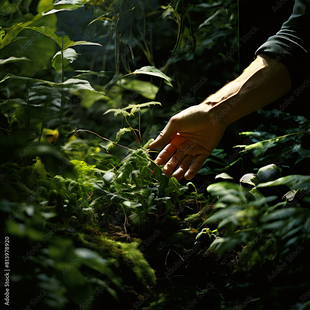 A person gently reaching out to touch a green plant with delicate leaves.. A person gently reaching out to touch a green plant with delicate leaves..