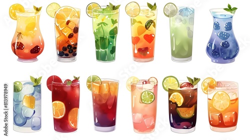 Variety of Colorful Chilled Cocktails and Beverages with Fresh Fruit and Herb Garnishes for Summer Entertaining and Relaxation photo