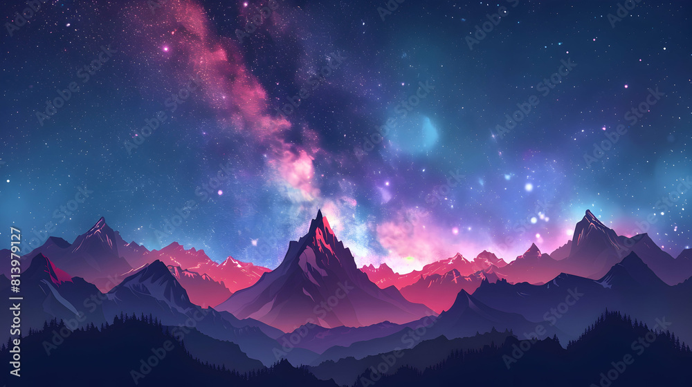 Milky Way Over Mountain Peaks: The celestial brilliance of the night sky above towering mountains in a simple flat design concept illustration