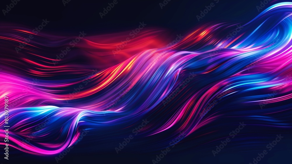 Obraz premium Vibrant abstract image featuring dynamic waves of blue, pink, and red colors on a dark background.