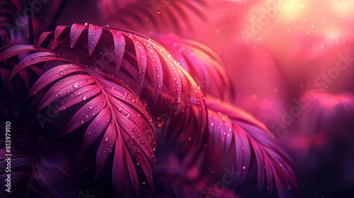 Tropical leaves with dew drops and pink lighting photo