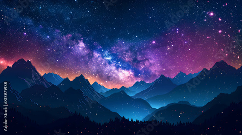 Milky Way Over Mountain Peaks The Milky Way stretches above towering mountain peaks, illuminating the night with celestial brilliance. Flat Design Concept