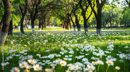 Wallpaper Mural flourishing tree-lined park with lively trees and blooming daisies Torontodigital.ca