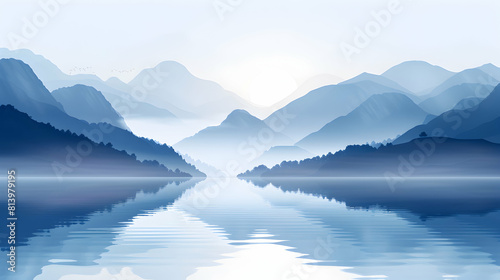 A calm setting: Misty Lake at Dawn A serene lake embraced by morning mist offering stillness and tranquility, ideal for peaceful environments. Flat design icon with a tranquil il