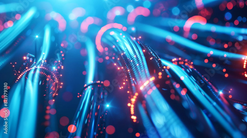 Abstract digital background featuring glowing blue fiber optic cables with red light particles. photo