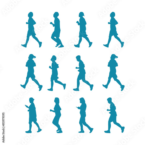a set of people walking in different colors. 
