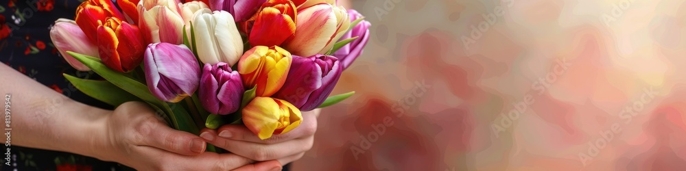 Fototapeta premium A woman tender grasp cradles a vivid array of tulips