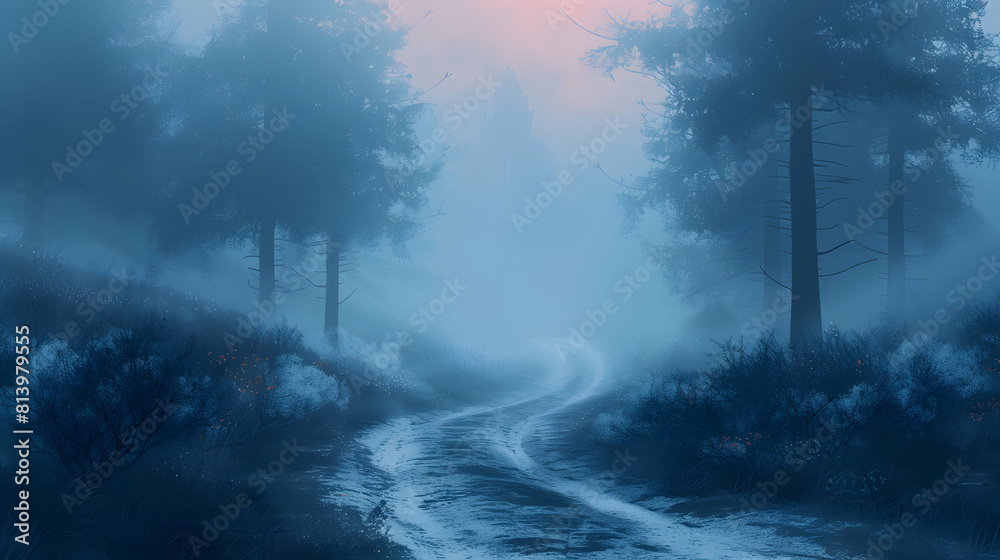 A serene misty morning forest path: ideal for reflective walks and peaceful mornings.