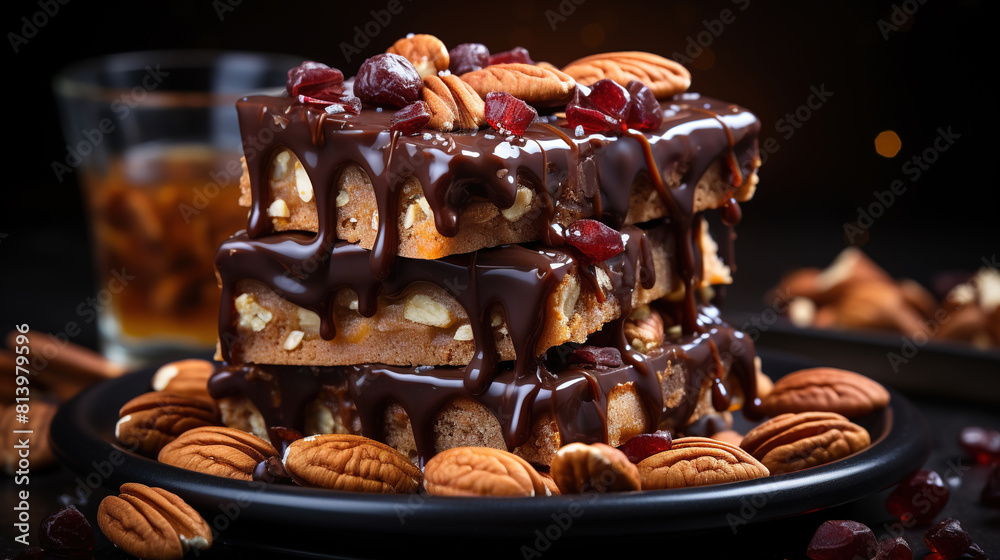 Delicious Chocolates And Nuts on Table With Candles on Dark Blurry Colorful Background Delicious Chocolates And Nuts on Table With Candles on Dark Blurry Colorful Background