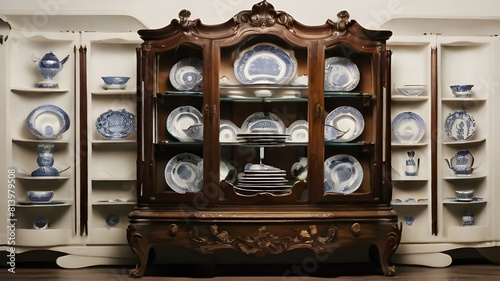 A vintage china cabinet filled with ornate plates, each telling a story of its own