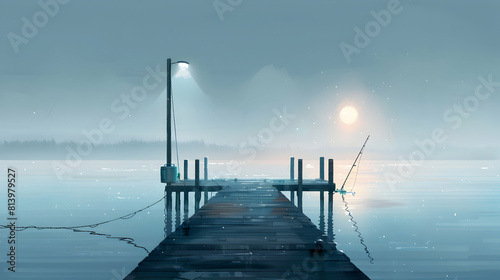 Misty Morning Fishing Pier: A Quiet Spot for Contemplation and Early Catches   Flat Design Icon in the Serene Mist