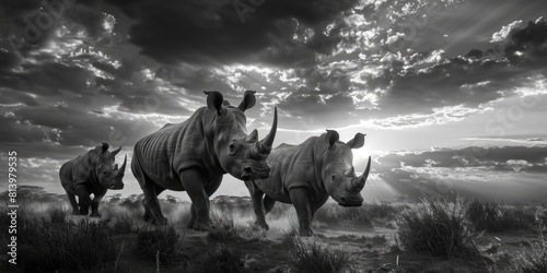 Group of rhinos standing on a grass field, suitable for wildlife and nature themes