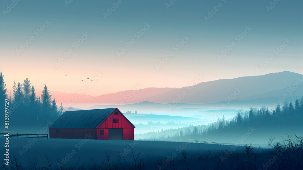 Misty Morning on the Farm: A Tranquil Rustic Scene Enveloped in Morning Mist Flat Design Illustration of Country Life Misty Morning on the Farm: A Tranquil Rustic Scene Enveloped in Morning Mist Flat Design Illustration of Country Life