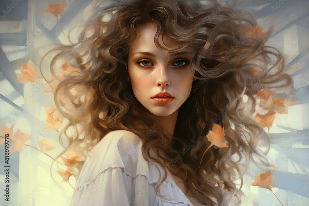 Dreamy digital painting of a young woman with flowing hair and autumn leaves