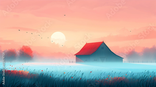 Simple flat design icon Misty Morning on the Farm concept  A rustic farm enveloped in morning mist capturing the tranquil start of a day in the countryside. Flat illustration.