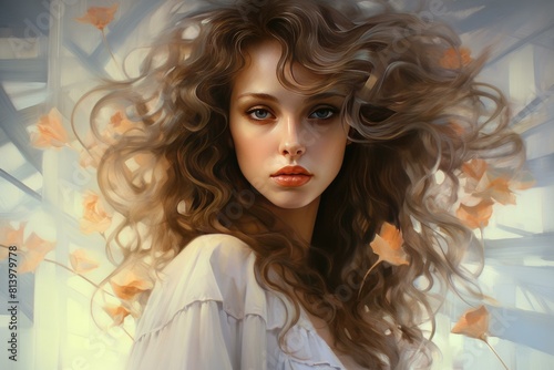 Dreamy digital painting of a young woman with flowing hair and autumn leaves
