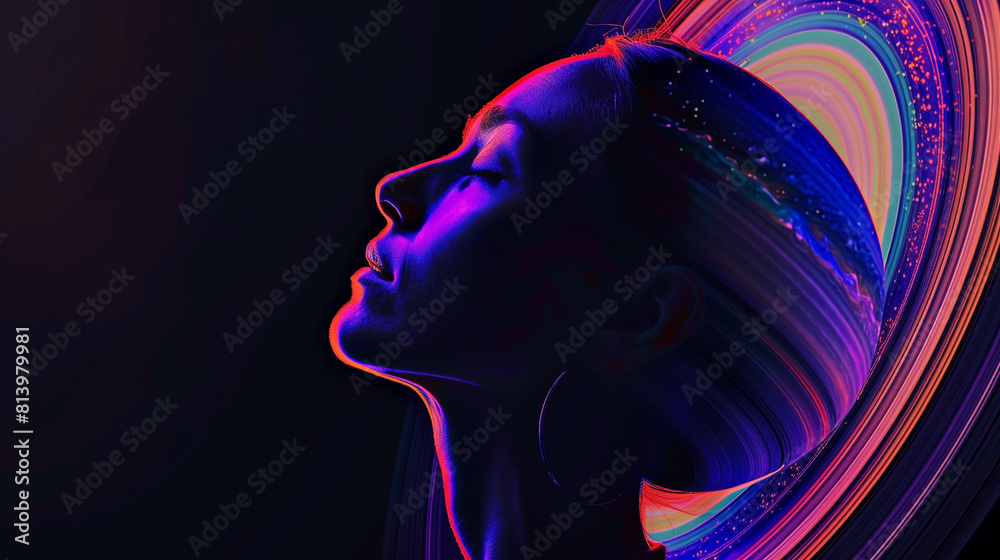Saturn humanization. Planet Satur if she were a woman. Set Solar system planets, astronomy humanization, science art. Model's appearance symbolizes the color of Saturт, its colorful rings Saturn humanization. Planet Satur if she were a woman. Set Solar system planets, astronomy humanization, science art. Model's appearance symbolizes the color of Saturт, its colorful rings