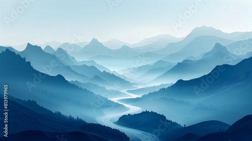 Misty Mountain Road  Curvy Path to Mystery and Exploration at Dawn   Flat Design Concept