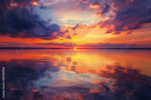 A serene sunset over a tranquil lake, painting the sky with hues of orange, purple, and gold, reflecting in the still waters below.