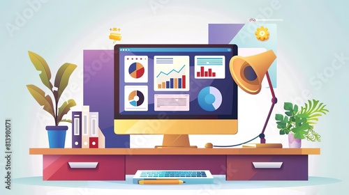 A colorful illustration of a computer on a desk