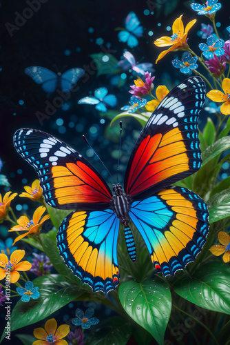 Macro photography of a beautiful butterfly with colorful wings on a plant - Generative AI