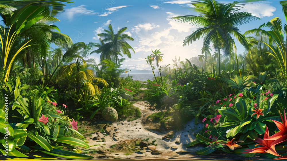 A lush tropical jungle landscape with a sandy path leading to the ocean under a clear blue sky.
