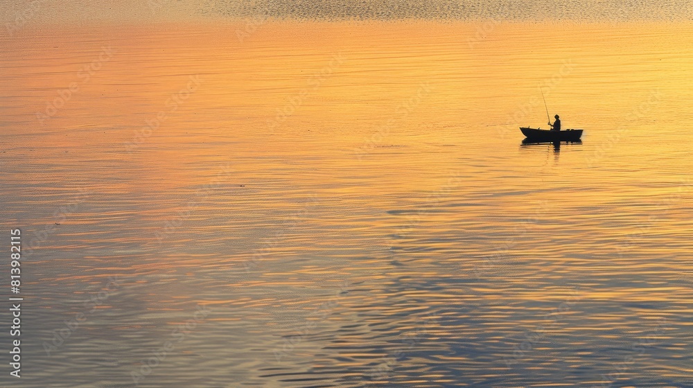 Fototapeta premium A lone fisherman in a small boat glides across the Laguna Madre at sunset painting a serene scene in the Island Basin of Padre Island National Seashore near Corpus Christi Texas USA