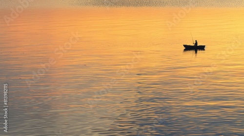 A lone fisherman in a small boat glides across the Laguna Madre at sunset painting a serene scene in the Island Basin of Padre Island National Seashore near Corpus Christi Texas USA