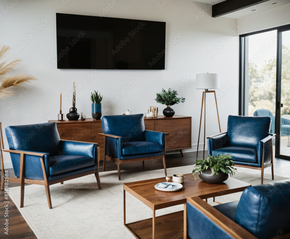 Mid-century style home interior design of modern living room. White sofa and blue leather chairs near wooden coffee table. Mid-century style home interior design of modern living room. White sofa and blue leather chairs near wooden coffee table.