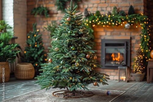 Fir Tree in a Christmas Setting: Decorated with lights and ornaments. 