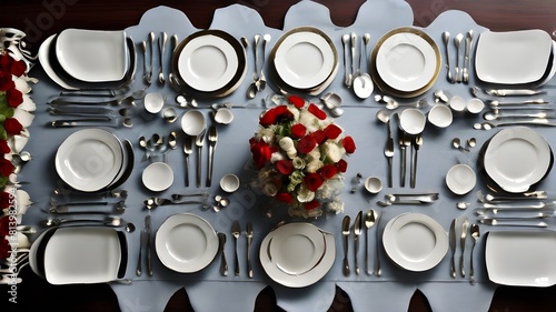  A top-down view of a table set for a formal dinner party, complete with polished silverware and fine china plates photo