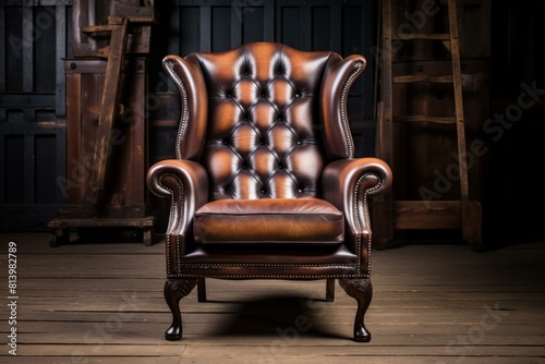 Classic brown leather armchair with buttoned backrest  set against a dark wooden background