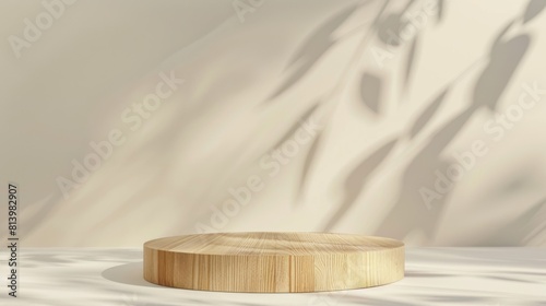 Wood round podium on a beige background. Platform for presenting beauty products. 3D pedestal with overlay shadow from the window from leaves and plants. Mockup with scene for design.