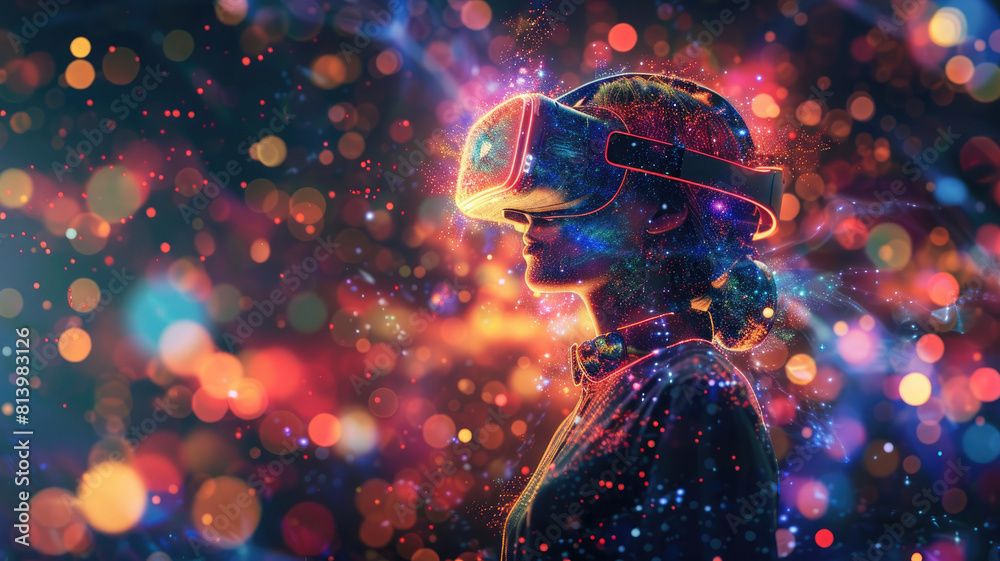 Person in Virtual Reality Environment Surrounded by Streams of Digital Data and Visual Effects Immersive Virtual Reality User Experiencing a Futuristic Digital Universe