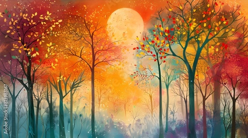 Enchanting Autumnal Forest Ablaze with Vibrant Hues and Serene Morning Light photo