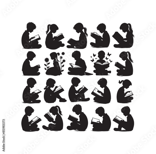 boy and girl reading book silhouette illustration collection