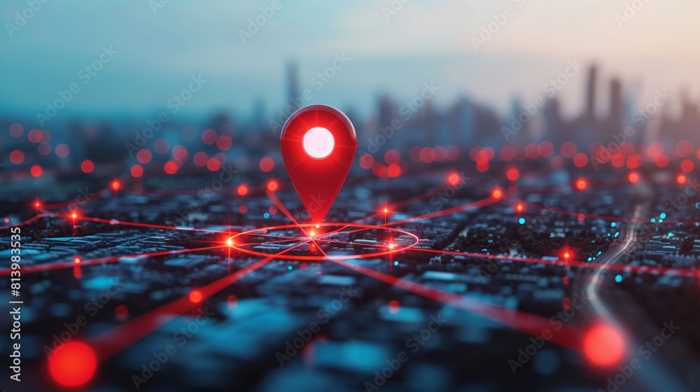 A red location pin on top of an urban cityscape, surrounded by glowing lines representing network connections and digital networks A red location pin on top of an urban cityscape, surrounded by glowing lines representing network connections and digital networks