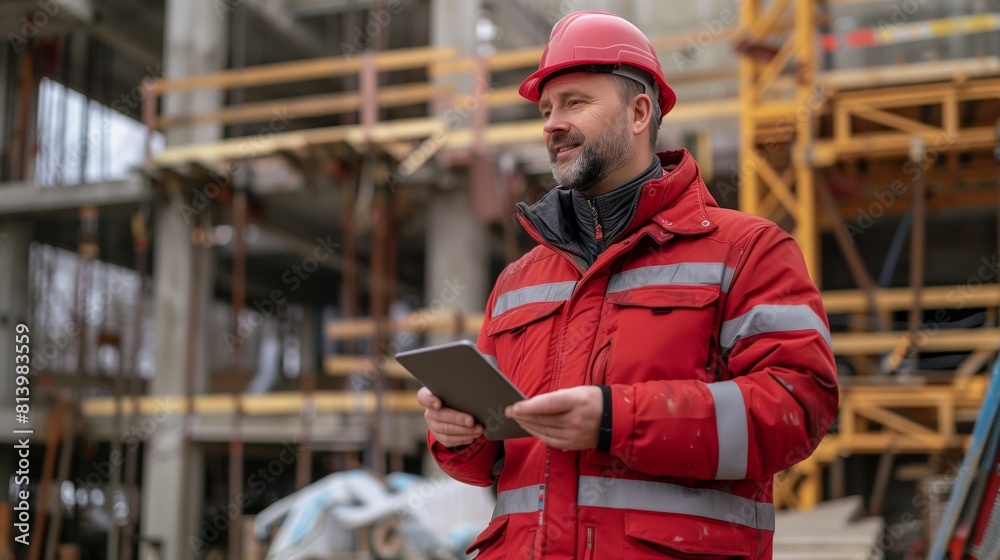 Obraz premium Middle-aged construction worker in red safety gear using a tablet at a construction site.