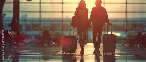 Silhouettes of Travelers at Sunset Airport