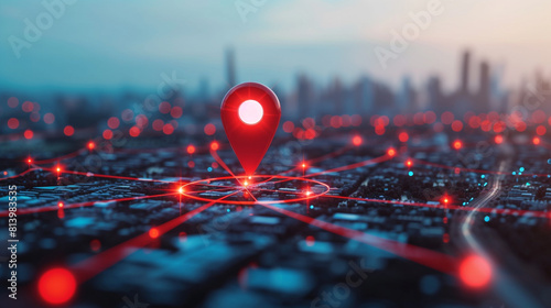 A red location pin on top of an urban cityscape, surrounded by glowing lines representing network connections and digital networks