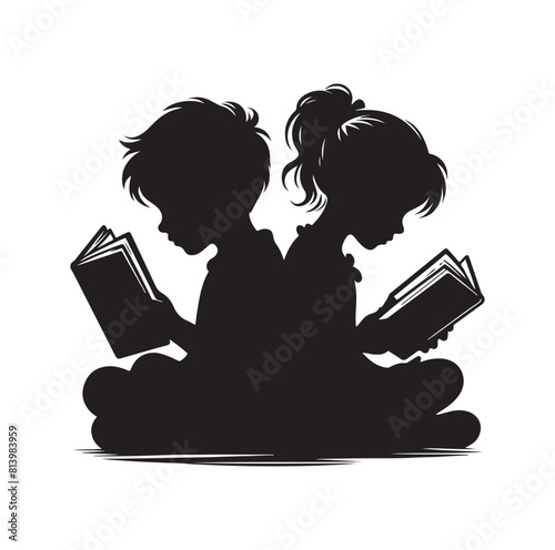 boy and girl reading book silhouette  illustration collection