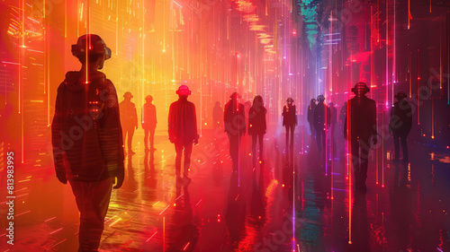 Person in Virtual Reality Environment Surrounded by Streams of Digital Data and Visual Effects Immersive Virtual Reality User Experiencing a Futuristic Digital Universe