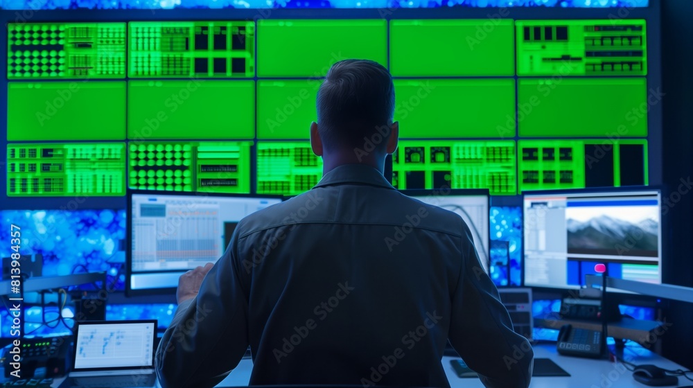 Rear view of a male technician monitoring multiple screens displaying various data in a high-tech control room. Rear view of a male technician monitoring multiple screens displaying various data in a high-tech control room.