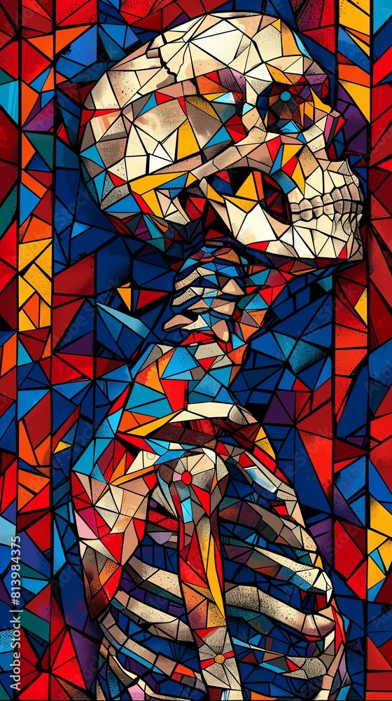 A colorful stained glass window with a skeleton in the center