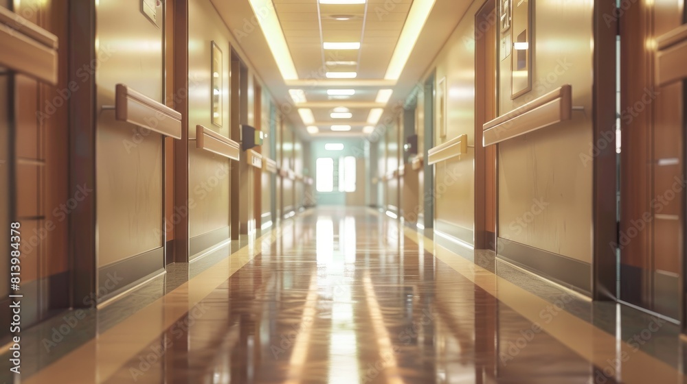 A hospital hallway featuring doors on both sides a polished floor overhead lighting and wall mounted handrails