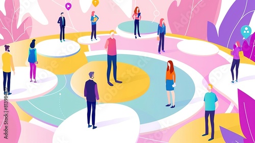 A group of diverse professionals standing on a colorful interconnected pathway, symbolizing collaboration and networking.