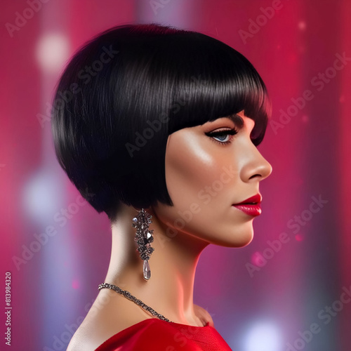 Portrait of a beautiful young brunette woman with bob hairstyle. Top model with short hairstyle and professional make-up.
