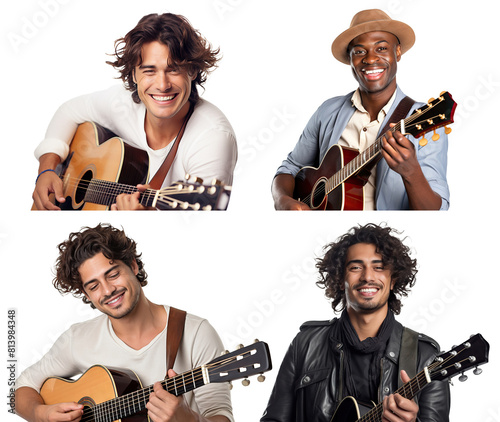 Set of cheerful young men holding and playing acoustic guitars, cut out