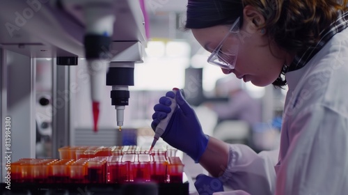 Focused female scientist working with a pipette and samples in a modern laboratory setting.